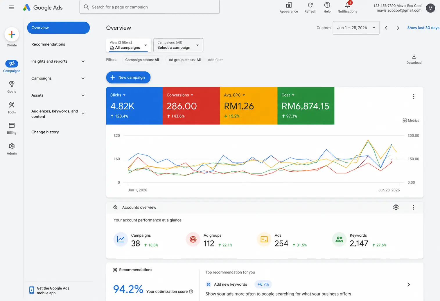 Mavis Eco Cool Google Ads conversions and cost per lead report